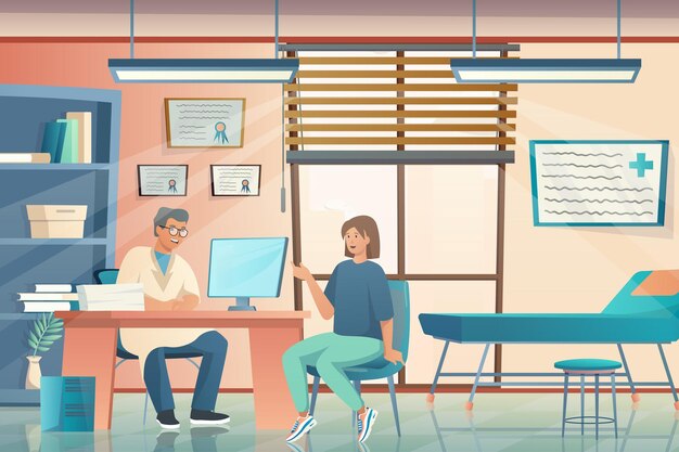 Vector doctors office concept in flat cartoon design therapist consults patient sitting at table diagnoses