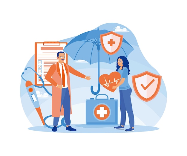 Vector doctors and patients stand under the insurance umbrella doctors provide health services and life insurance health insurance concept flat vector illustration