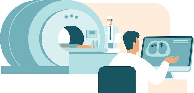 Doctors radiologists making computer tomography test for patient with coronavirus COVID19