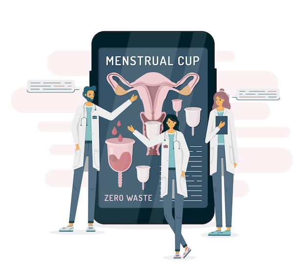 Doctors recommending menstrual cup for women using tablet smartphone, feminine hygiene product