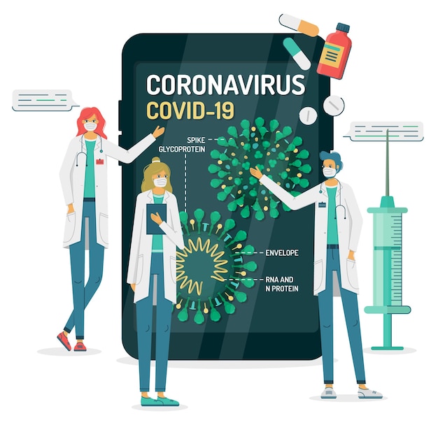 Doctors show coronavirus internal structure on a smartphone flat illustration