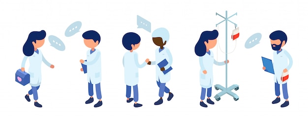 Doctors staff. Medical team communication. Isometric doctor characters illustration. Hospital staff