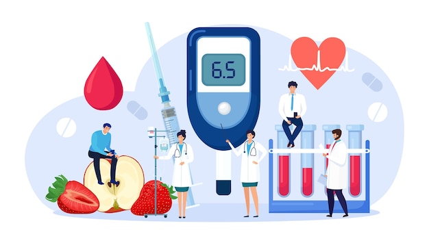 Doctors testing blood for glucose, using glucometer. Hypoglycemia or diabetes diagnosis. Laboratory equipment and syringe. Physician measuring sugar level