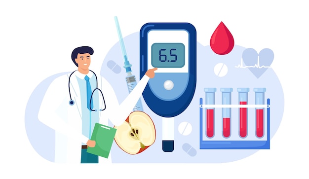 Doctors testing blood for glucose, using glucometer. Hypoglycemia or diabetes diagnosis. Laboratory equipment and syringe. Physician measuring sugar level