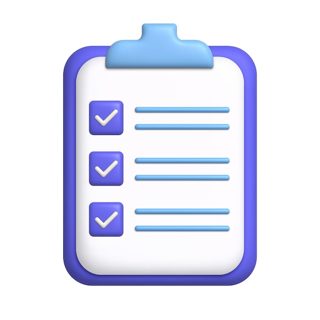 Document 3d icon Sheet of paper on clipboard Todo list with check marks 3d realistic design element