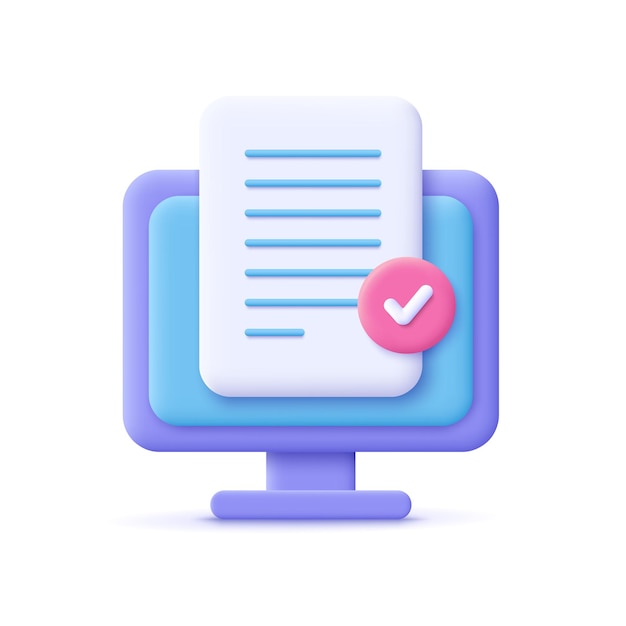 Document file with approved check mark on computer screen 3d vector icon Cartoon minimal style