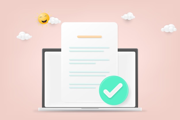 Document file with an approved checkmark on the laptop screen 3d vector illustration