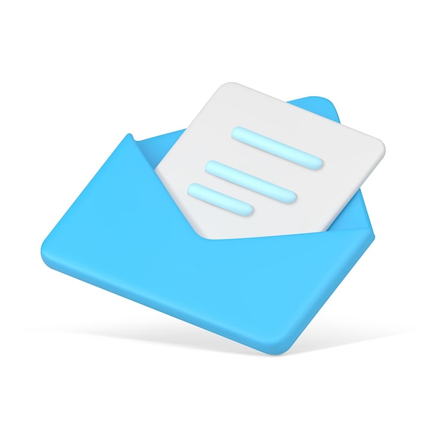 Document in open blue 3d envelope White sheet of paper with striped text