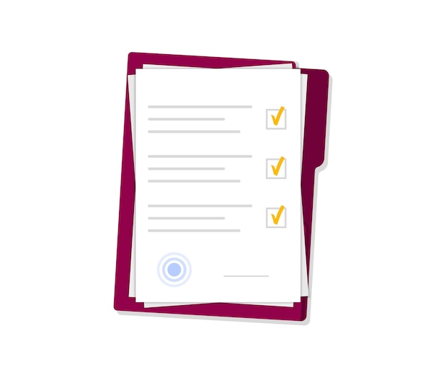 Document papers. Checklist. Agreement and contract with stamp.  flat design.