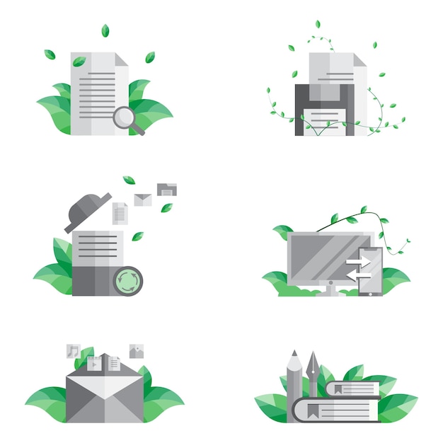 Document tool with leaves illustration set