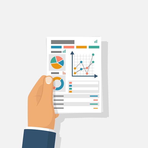 Vector document with charts and graphs business reports hold in hand businessman vector illustration flat design isolated on background paperwork concept data analysis project management analyze graph