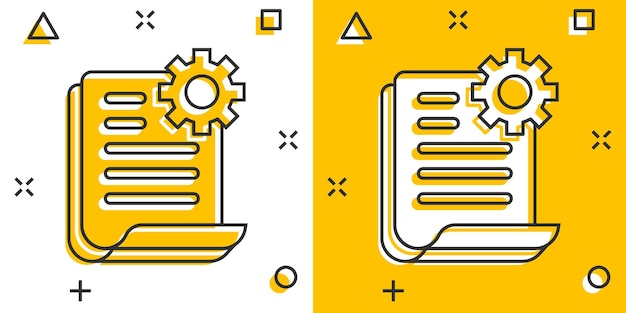 Document with gear icon in comic style Big data processing cartoon vector illustration on white isolated background Paper sheet software solution splash effect business concept