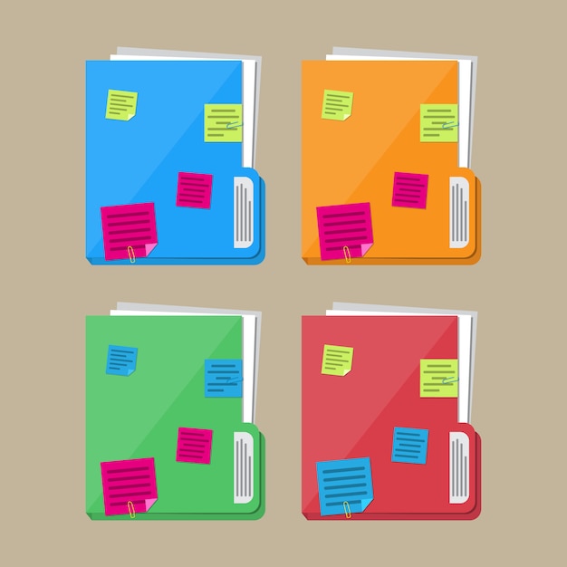 Documents folder with paper sheets, sticky notes