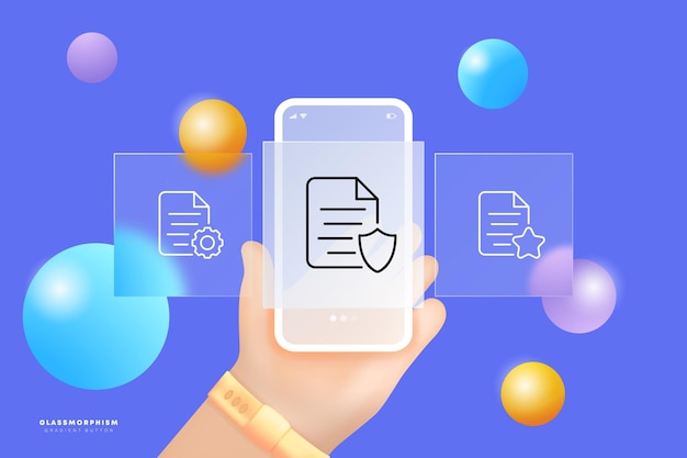 Documents set icon Shield gear star website buttons settings protection private information Business concept Glassmorphism UI phone app screen with a hand Vector line icon for Business