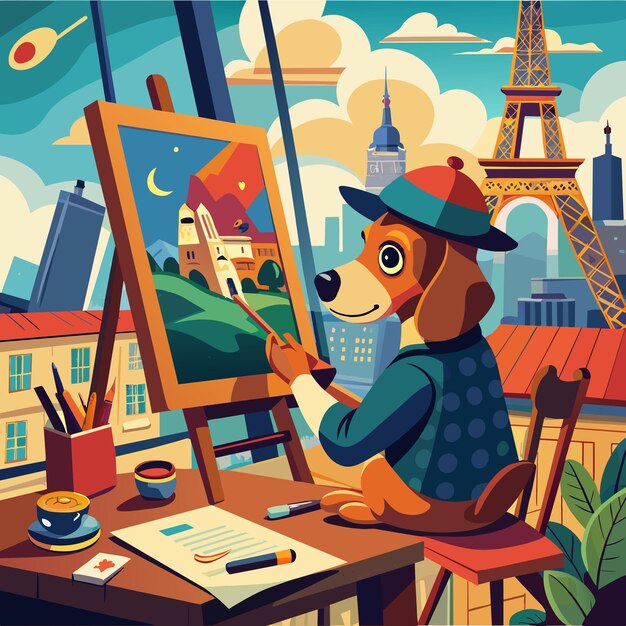 Dog Artist Painting Parisian Landscape Generative AI