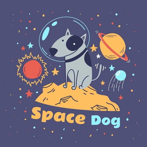 Dog astronaut space character cute animal print cartoon doodle style concept