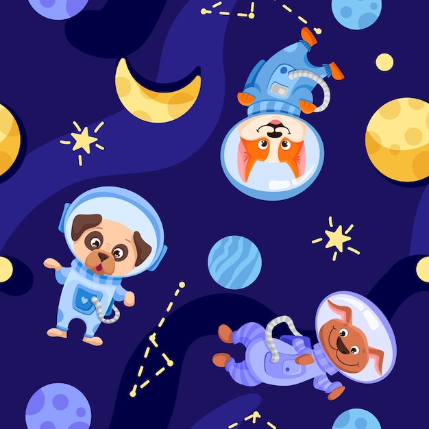 Dog Astronauts in space suits Seamless pattern Universe wallpaper for wrapping paper or kids print