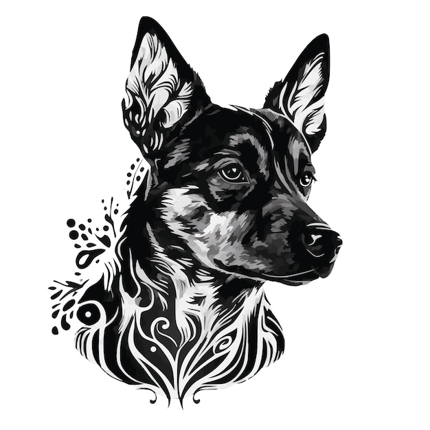 Dog, Australian Kelpie breed, black and white portrait, abstract brush painting