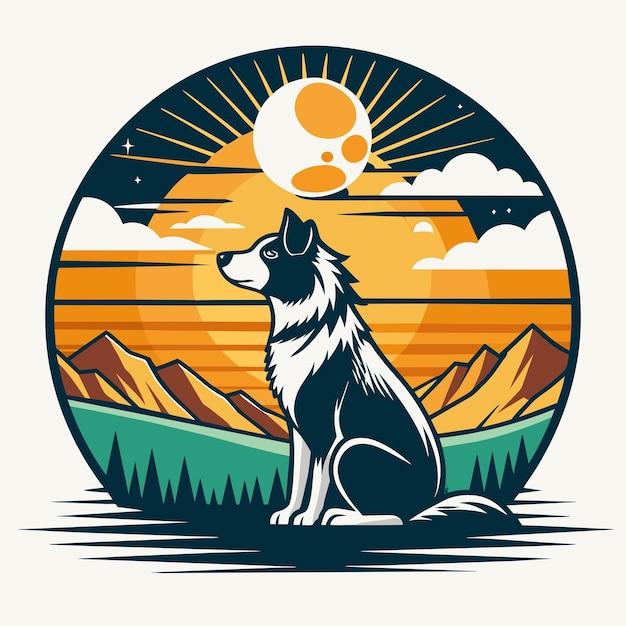 Dog on the background of the sunset Vector illustration