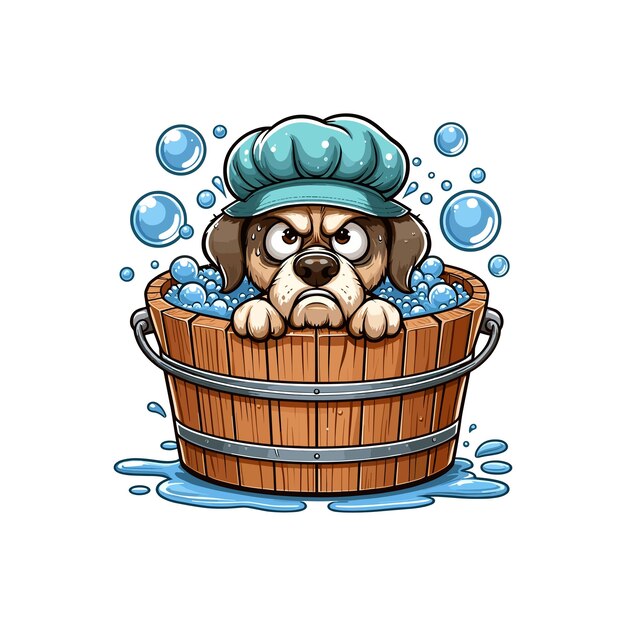 Vector a dog in a bath tub with bubbles and a blue cap dog sitting glumly inside a wooden bucket full of w