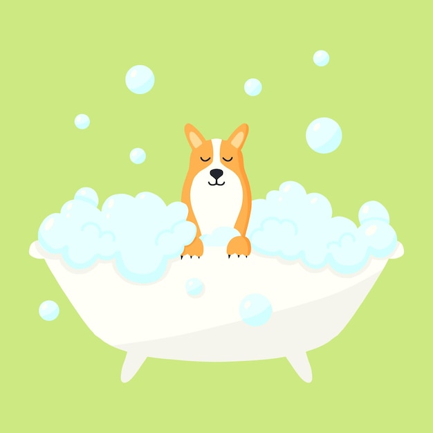 Dog in a bubble bath Pet care Bathing the dog in the bathroom Vector illustration in cartoon style