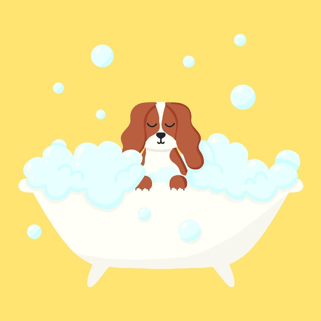 Dog in a bubble bath Pet care Bathing the dog in the bathroom Vector illustration in cartoon style