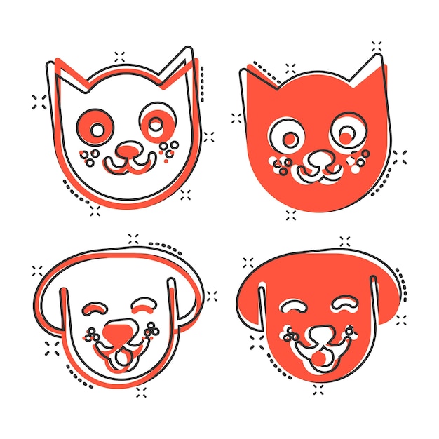 Dog and cat head icon in comic style Cute pet cartoon vector illustration on white isolated background Animal splash effect business concept