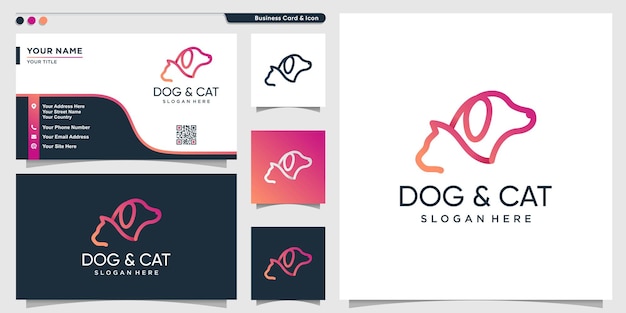 Dog and cat logo modern gradient line art style and business card design template Premium Vector