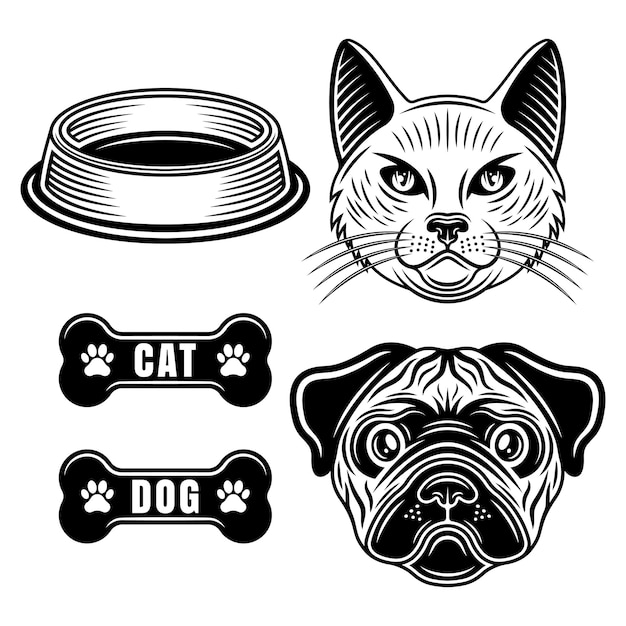 Dog and cat set of pets vector objects or design elements in vintage monochrome style isolated on white background