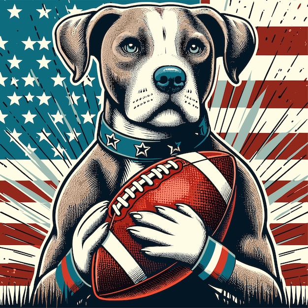 A Dog Character Holding American Football with Flag Engraved Style