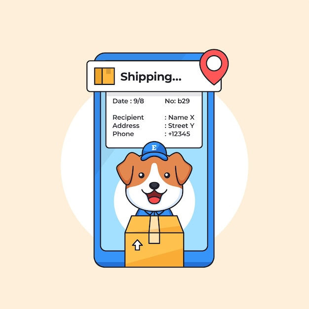 dog character mascot for package delivery service with mobile location tracking app illustration