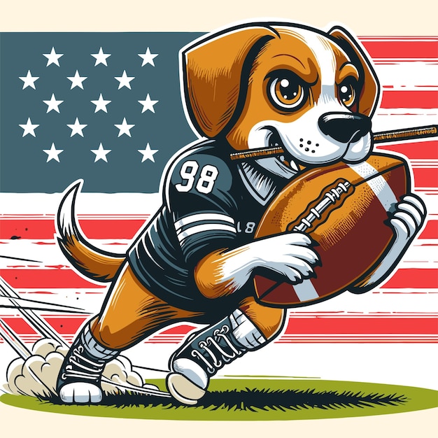 A Dog Character Running with American Football with Flag Engraved Style