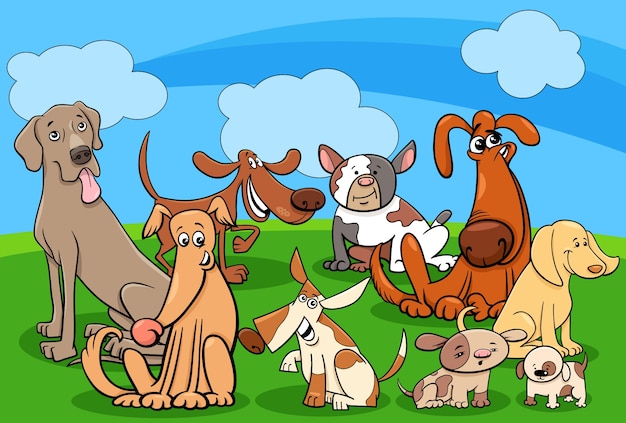 dog characters group cartoon illustration