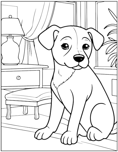 Vector dog coloring page cute dog in a room coloring page cute dog coloring page for adults and kids