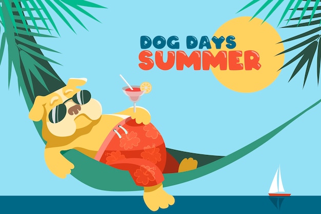 Dog days of summer. A cute fat English bulldog lies in a hammock with a glass of margarita.