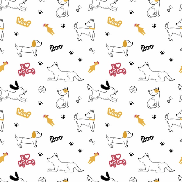 Dog in  doodle style. Seamless pattern with pets for sewing children  clothing, printing on fabric and packaging paper. Set with animals.