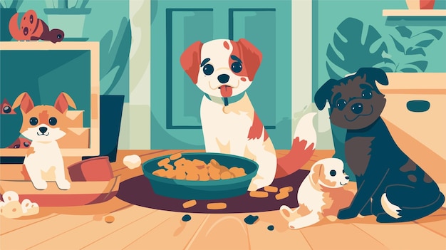 Vector dog eating near bowl concept advertising poster