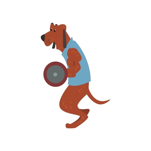 Dog exercising with barbell funny sportive wild animal character doing sports vector Illustration isolated on a white background