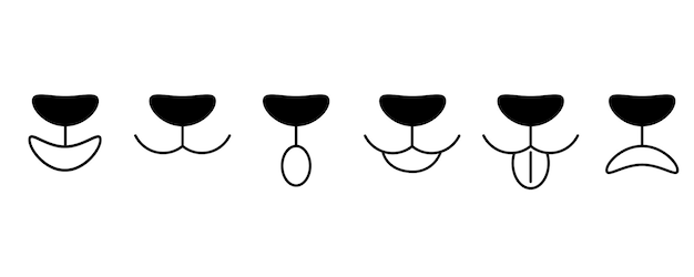 Dog face mouth and tongue. Cat mouth nose. Happy animal face with open mouth. Icons set. Vector