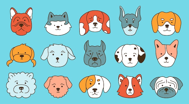 Dog faces emotion cartoon character outline set cute puppy muzzle doodle smiling funny sticker