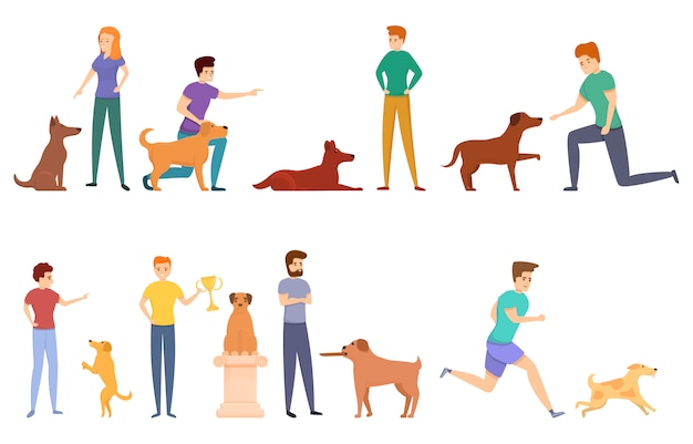 Dog handler icons set, cartoon style