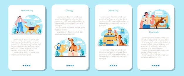 Vector dog handler mobile application banner set. training exercise for social services dogs. specialist training a dog to be an assistance and rescuer. cute domestic pet helping people. vector illustration