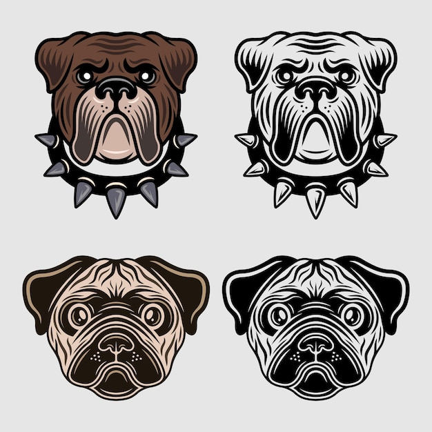 Dog heads characters set of vector objects in two styles colored and black and white Animals collection pug dog and bulldog muzzles