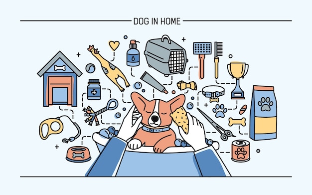 Vector dog in home horizontal banner with pet toys, meds and puppy meals