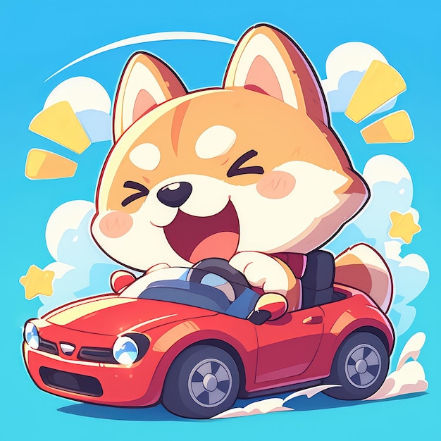 A dog is driving a car cartoon style