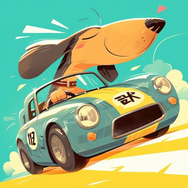 A dog is driving a car cartoon style