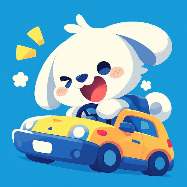 A dog is driving a car cartoon style