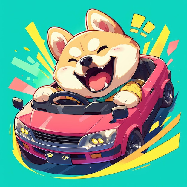 A dog is driving a car cartoon style