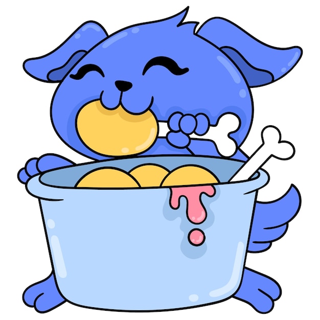 A dog is enjoying a bucket of delicious fried chicken, vector illustration art. doodle icon image kawaii.