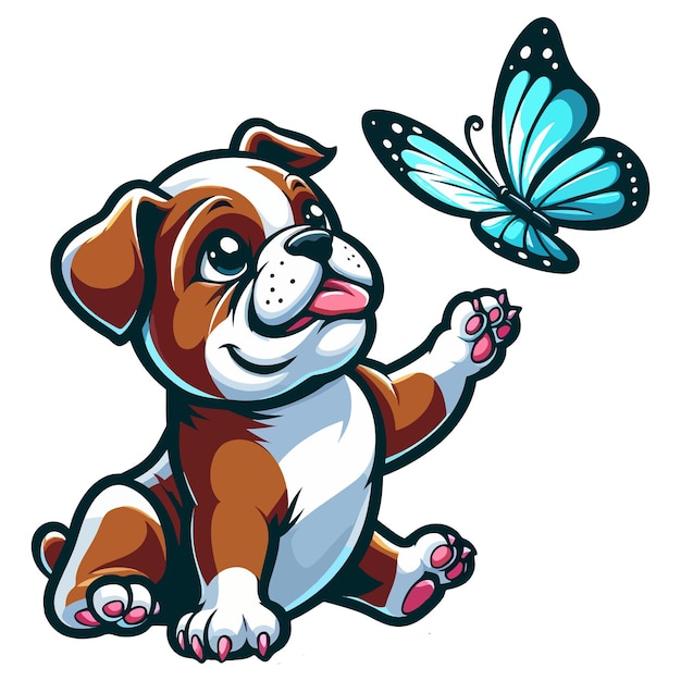 A dog is playing with a butterfly The dog is trying to catch the butterfly in its hand